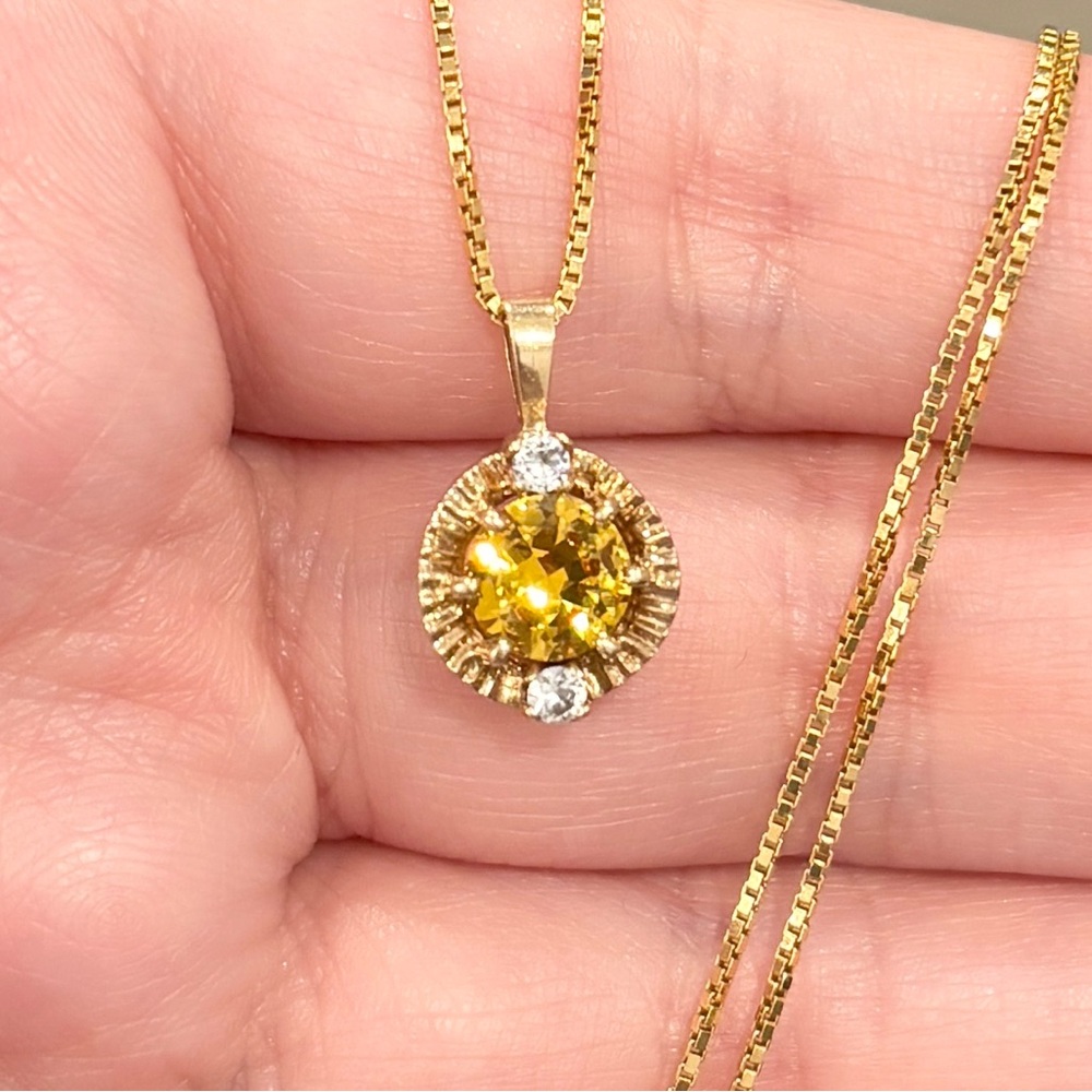 Vintage 10K Yellow Topaz Pendant, Small Petite, CZ Accent, Golden Regal Style - Picture 5 of 15